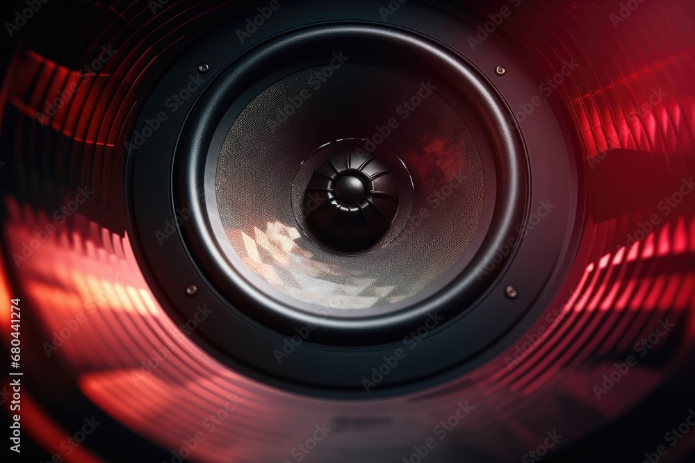 Poster a close up view of a speaker illuminated by a red light. this image can be used to depict sound, mus