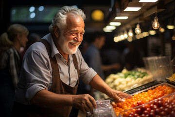 Happy old man buys vegetables in the supermarket
