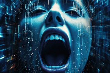 A close-up image of a person with their mouth wide open. This image can be used to depict surprise, shock, or even singing or speaking loudly. - obrazy, fototapety, plakaty
