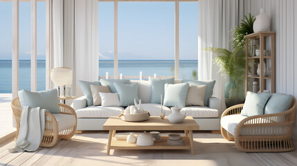 Coastal style living room with breezy decor in photorealistic 3D render - obrazy, fototapety, plakaty