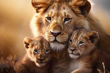 Fototapeta premium A powerful mother lion stands protectively over her two playful cubs. 