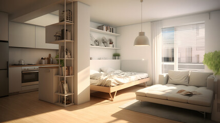 Compact urban studio apartment in minimalist style 3D render