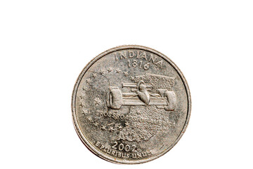 A quarter dollar coin (25 cents) with the image of Indiana (the Hoosier state), United States.