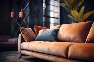 A comfortable brown leather couch adorned with vibrant blue and orange pillows. Perfect for adding a pop of color to any living space - Powered by Adobe