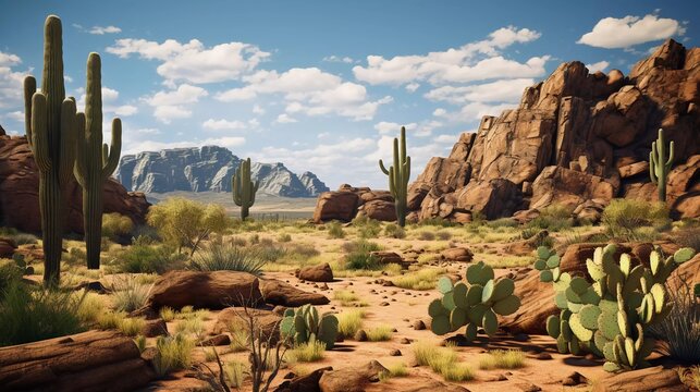 desert landscape photo with cactus, with sunny weather background. generative ai