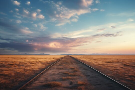 A straight train track stretching across a vast field. This image can be used to depict travel, transportation, or the concept of a journey