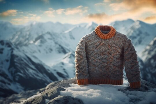A cozy sweater sits atop a snow-covered mountain, providing a warm and inviting scene. This image can be used to represent winter fashion, outdoor activities, or the beauty of nature in cold climates