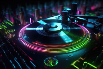A close-up photograph of a DJ's turntable with vibrant neon lights. Perfect for music-related projects and events - obrazy, fototapety, plakaty