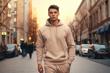 Fototapeta premium A man wearing a hoodie is walking down a city street. This image can be used to depict urban lifestyle, anonymity, or a sense of mystery