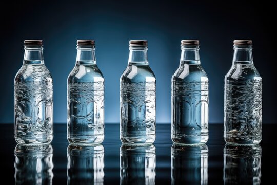 A group of bottles of water sitting on top of a table. This image can be used to depict hydration, refreshment, or a healthy lifestyle.