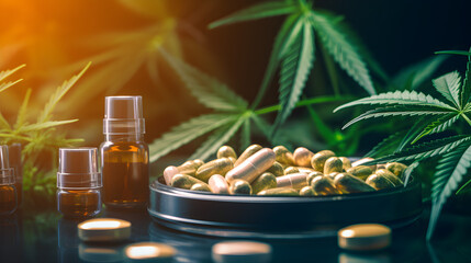 Pflanzliche Medizinische Pillen aus Cannabis: Natürliche Heilkraft - KI generiert - obrazy, fototapety, plakaty