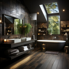 Interior of a modern bathroom public with dark wooden walls and tiled floor. Ai generated