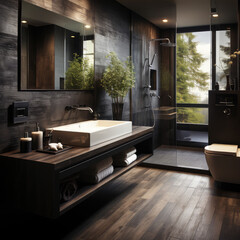 Interior of a modern bathroom public with dark wooden walls and tiled floor. Ai generated
