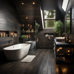 Interior of a modern bathroom public with dark wooden walls and tiled floor. Ai generated