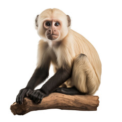 Capuchin monkey on the wooden log isolated on white background