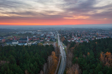 Autumnal sunrise over the Rotmanka village in Poland