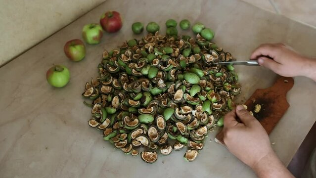 Man peeling and eating walnuts in green husks at kitchen table. Close-up of hands, top view.
