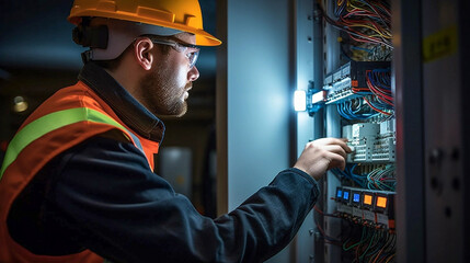 Fototapeta premium copy space, stockphoto, Candid shot of a maler commercial electrician at work on a fuse box, adorned in safety gear, demonstrating professionalism. maleengineer working on an electicity installation.