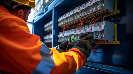 copy space, stockphoto, Candid shot of a maler commercial electrician at work on a fuse box, adorned in safety gear, demonstrating professionalism. maleengineer working on an electicity installation. - obrazy, fototapety, plakaty
