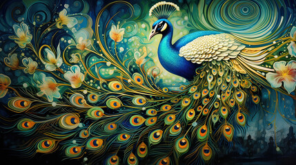 Intricate patterns inspired by peacock feathers on an ethereal canvas AI generative