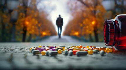 A conceptual image depicting the journey of overcoming drug and opioid addiction, symbolizing the struggle and success of becoming free from the grip of prescription pills and substance abuse. - obrazy, fototapety, plakaty