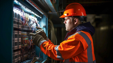 copy space, stockphoto, Candid shot of a maler commercial electrician at work on a fuse box, adorned in safety gear, demonstrating professionalism. maleengineer working on an electicity installation.