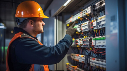 copy space, stockphoto, Candid shot of a maler commercial electrician at work on a fuse box, adorned in safety gear, demonstrating professionalism. maleengineer working on an electicity installation. - obrazy, fototapety, plakaty