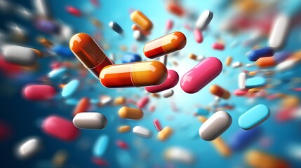 Fototapeta An array of multicolored pharmaceutical pills and capsules, including opioids, vitamins, and a variety of medicines, scattered across a surface, representing healthcare and medication diversity. obraz
