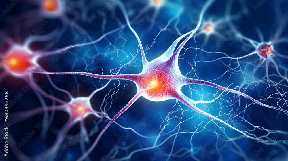 Aufkleber illustration of neural network highlighting neurons involved in addiction, focusing on synapses affe
