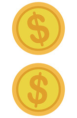 Gold coin flat icon. Dollar coin. Coin with dollar sign. Money symbol isolated on white background.