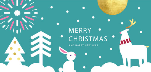 Fototapeta na wymiar Merry Christmas and Happy New Year banner, greeting card, poster, holiday cover, header. Modern Xmas design in geometric style with Christmas trees, bunny, deer and fireworks on night sky background.