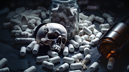 A stark visual representation of the growing epidemic of prescription drug addiction, highlighting the abuse of opioids, painkillers and various pills that has led to a widespread public health crisis - obrazy, fototapety, plakaty