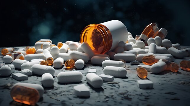 Opioid epidemic, featuring an array of prescription pills, medicine capsules, and tablets scattered, symbolizing the widespread issue of opioid addiction and the resulting crisis.