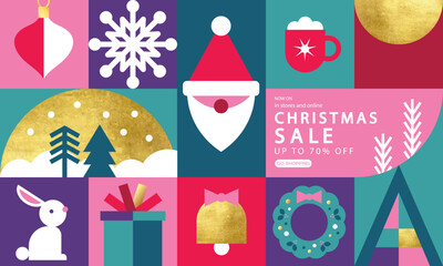 Merry Christmas and Happy New Year vector illustration for banner,greeting cards, posters, holiday cover . Abstract design with Christmas decorative elements. Modern minimalist geometric style.