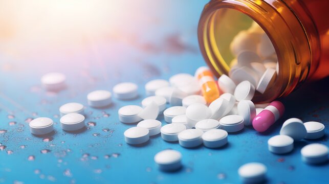 Opioid epidemic, featuring an array of prescription pills, medicine capsules, and tablets scattered, symbolizing the widespread issue of opioid addiction and the resulting crisis.