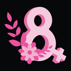 8 march, happy women's day greeting. Number eight with spring flowers and leaves.