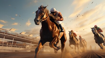 Dynamic photo capturing the thrilling action of horse racing as multiple horses and jockeys vie for the lead. The shot is taken from a close angle, emphasizing the intensity and competition of race - obrazy, fototapety, plakaty