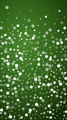 Beautiful snowfall christmas background. Subtle flying snow flakes and stars on christmas green background. Beautiful snowfall overlay template. Vertical vector illustration.