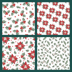 Christmas and New Year seamless pattern with poinsettia, mistletoe and holly. Vector illustration set.