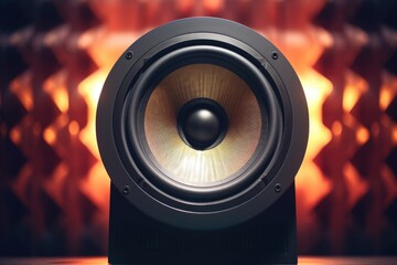 A close-up view of a speaker placed on a table. This image can be used to represent audio equipment, technology, sound systems, or conference rooms.