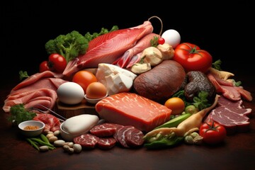 A collection of various meats and vegetables arranged on a table. This image can be used to showcase a delicious and diverse spread of food for a variety of occasions.