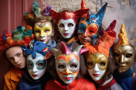 A group of children wearing colorful carnival masks standing in front of a wall. This picture can be used to depict a festive celebration or a fun and playful atmosphere. 