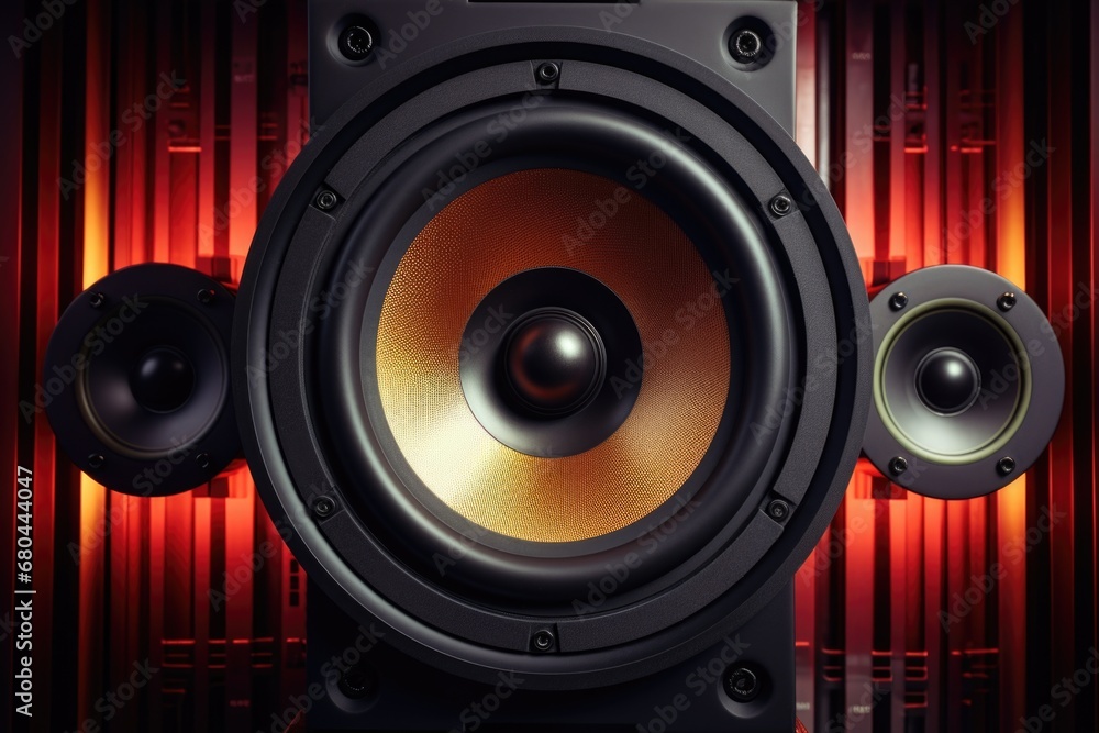Poster a close-up image of a speaker with a vibrant red background. this picture can be used to add a pop o