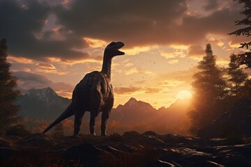 A dinosaur standing on top of a rocky hill. This image can be used to depict prehistoric creatures,...