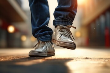 A detailed view of a person's shoes on a sidewalk. This picture can be used to represent urban lifestyle, walking, or fashion trends.
