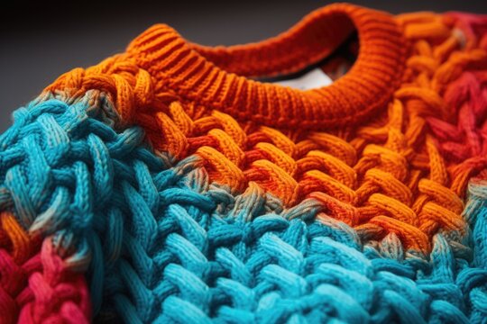 A detailed close-up shot of a knitted sweater placed on a table. This image can be used for showcasing handmade crafts or as a background for fashion-related content.