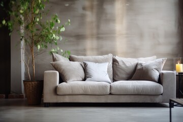 A comfortable living room with a stylish couch and a vibrant plant. Perfect for home decor or interior design projects