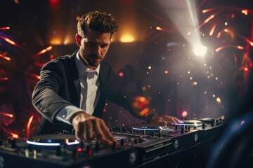 A man in a suit is seen playing a DJ set. This image can be used to depict a professional DJ performing at a party or event