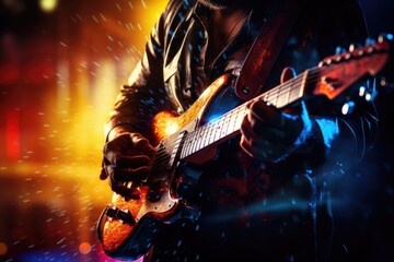 Obraz premium A man wearing a leather jacket playing a guitar. This image can be used to represent musicians, live performances, rock and roll, or music culture