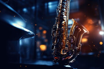 A saxophone resting on a wooden table. This image can be used to showcase musical instruments or for music-themed designs - obrazy, fototapety, plakaty